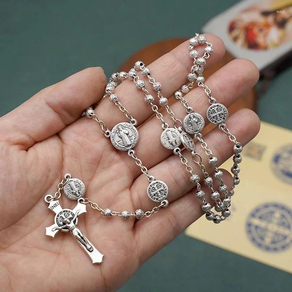 Anhänger Halsketten Silber Überzogene Blumen Perlen Rosenkranz Kreuz Halskette Frauen Männer Christian Benedict Jesus INRI Kette Mode Religion Schmuck