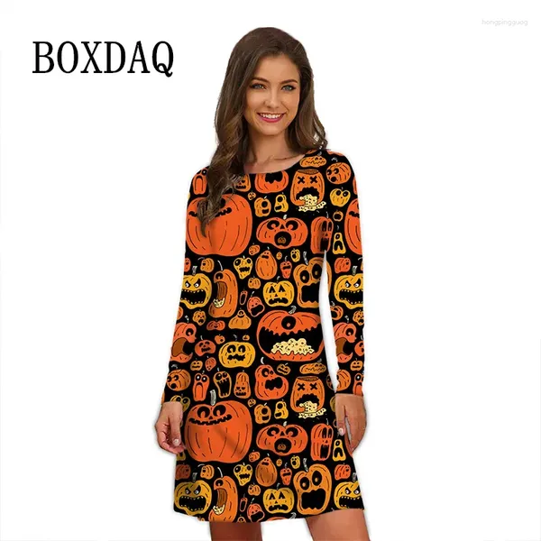 Vestidos casuais mulheres festa de halloween para outono inverno roupas engraçado abóbora impressão manga longa vestido solto oversized mini