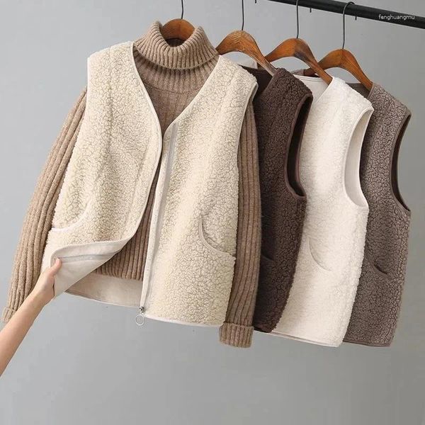 Coletes femininas moda faux cordeiro lã cor sólida sem mangas luxo quente v-pescoço bege café mulheres outono inverno estilo coreano exterior