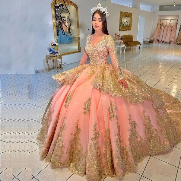 Principessa rosa abito da ballo abiti quinceanera applicazioni con perline dolce 16 ragazze abiti di compleanno manica lunga a strati vestido de 15 anos