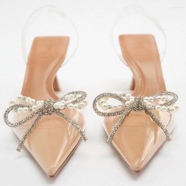 Отсуть обувь Traf Женская бабочка прозрачная жемчужная высокая каблуки Женщины накачивают чистый лук