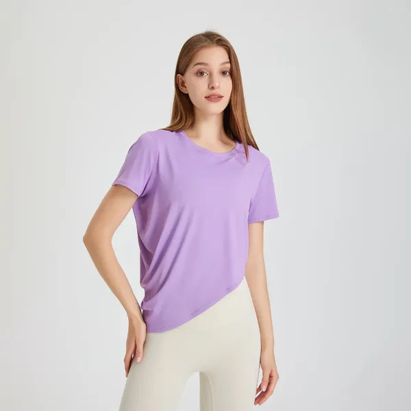 Camicie attive Estate Yoga Donna Manica corta T-shirt sportive Camicia da corsa ampia Orlo diagonale T-shirt O-Collo Palestra Fitness Top Camicetta Donna