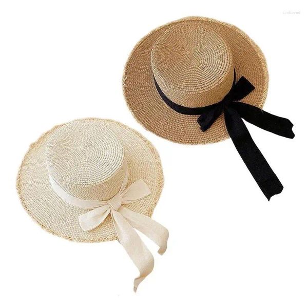 Cappelli a tesa larga Cappello da sole in paglia da donna Piatto da spiaggia Protezione estiva Stile fiocco Panama ripiegabile arrotolato