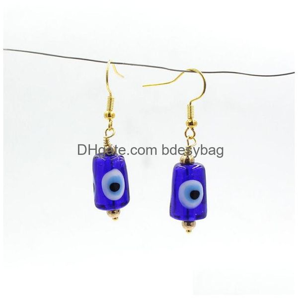 Dangle Chandelier Atacado Evil Eye Dangle Brincos Lampwork Murano Vidro Azul Cilindro Brinco Para Mulheres Mãe Presente Sorte Família Dh0Bj