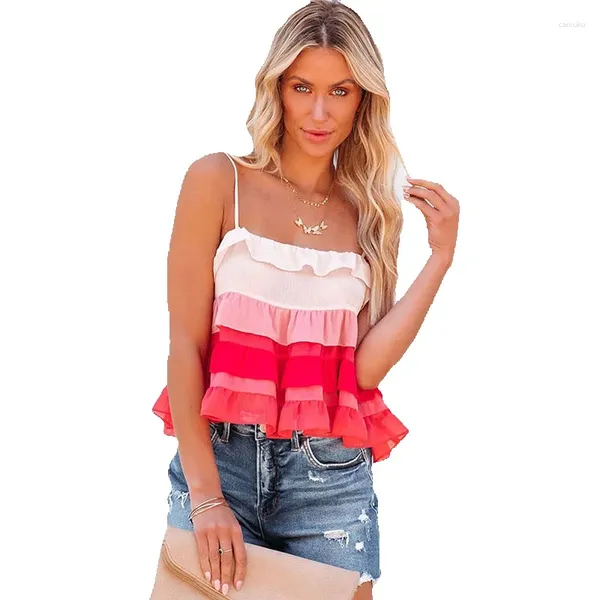 Saias Verão Cinta Fina Mulheres Personalizadas Cor Sólida Gradiente Ruffle Edge Ombro Tank Top Mulheres