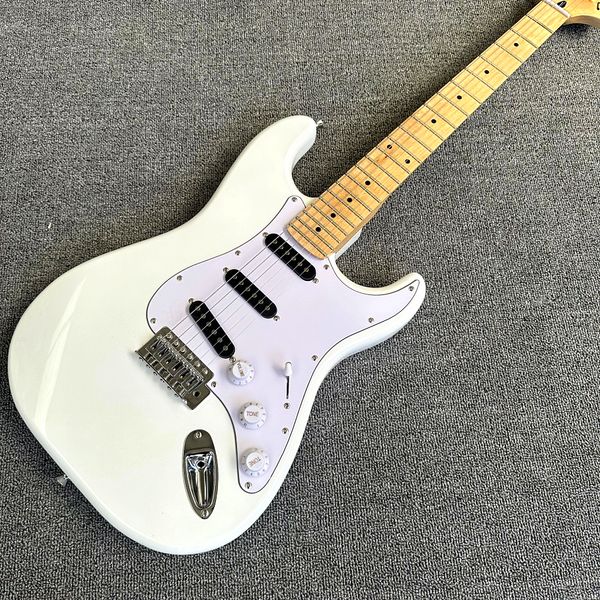 Loja personalizada, feita na China, guitarra elétrica de alta qualidade, hardware cromado, captador de três peças, guitarra branca, entrega gratuita