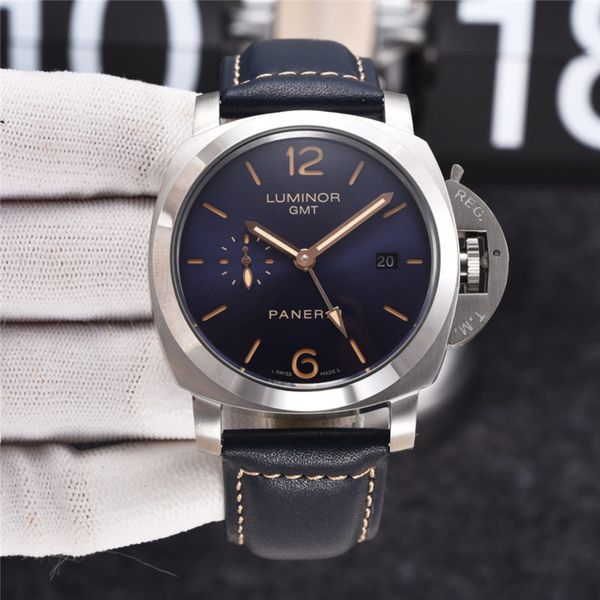 2023 Nova marca superior de alta qualidade Panerax LUMINORS GMT Man Relógio de pulso Série de luxo Relógio masculino Sapphire Mirror Designer Movimento Relógios mecânicos automáticos Montre