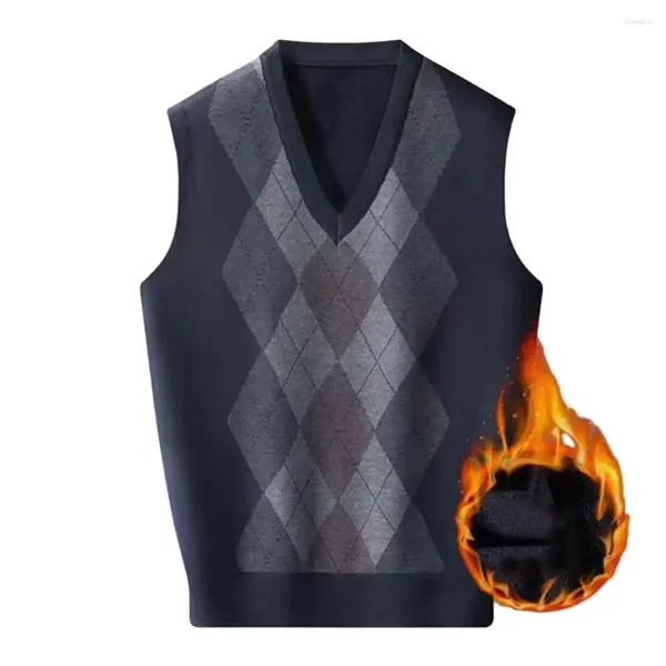 Gilet da uomo Gilet autunno inverno Stampa rombo con scollo a V senza maniche lavorato a maglia spesso caldo di media lunghezza con applicazioni pullover primaverile