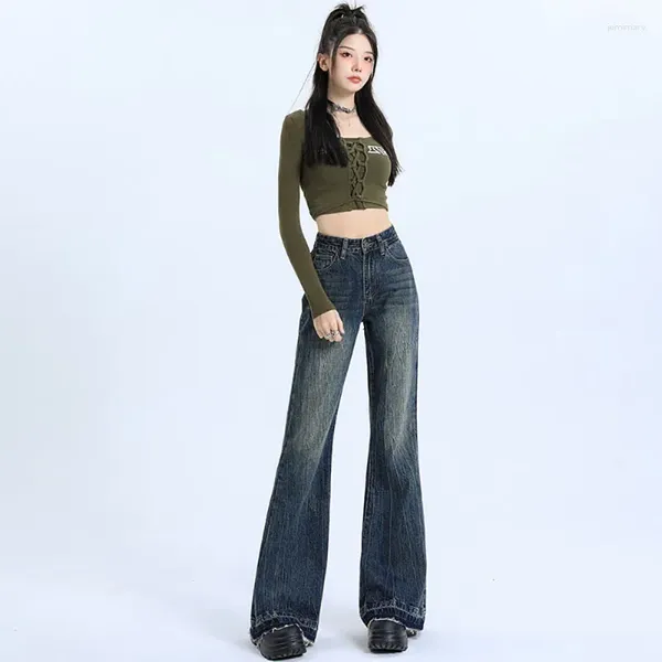 Jeans femininos moda tendência estilo americano vintage fazer velho bell-bottoms magro all-match cintura alta simples picante menina calças compridas