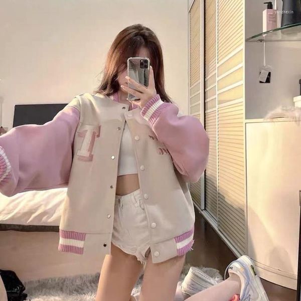 Damenjacken Deeptown Baseballjacke für Frauen Y2k Streetwear Korean Fashion Oversized College Pink Bomber Varsity Herbst loser Mantel