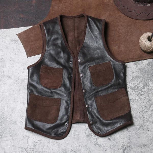 Gilet da uomo Gilet da cowboy occidentale vintage Giacche senza maniche in vera pelle da uomo Gilet in pelle di vacchetta fatto a mano Taglia asiatica S-3XL