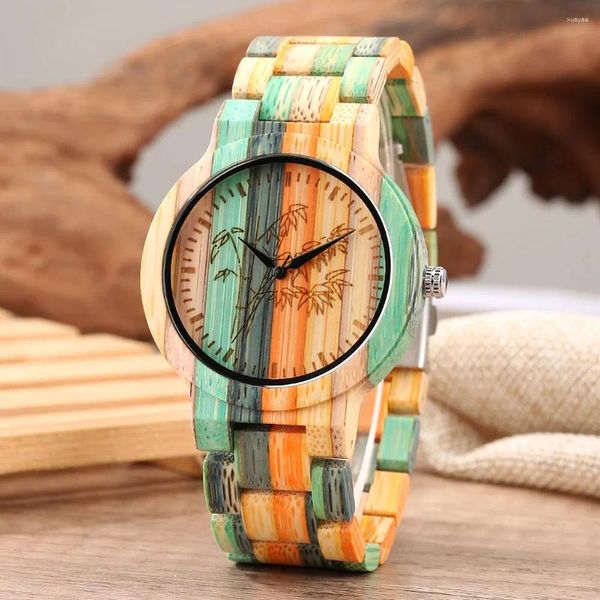 Relógios de pulso Único Colorido Relógio de Madeira de Bambu Quartzo Analógico Fecho Dobrável Pulseira De Madeira Completa Masculino Casual Elegante Relógios Presente