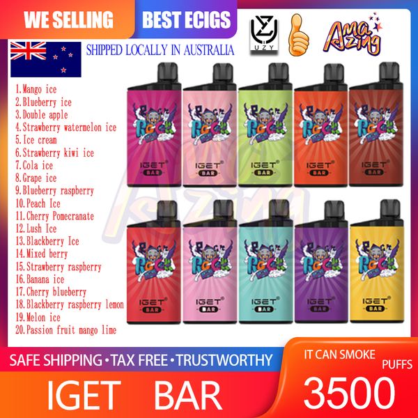 Original IGET BAR 3500 Puffs Caneta Vape Descartável E Cigarro 1500mAh Bateria Recarregável 12ml Cartucho Pods Vaporizador Max Filex Navio localmente na Austrália