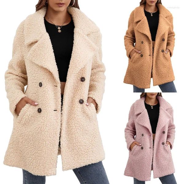 Frauen Wolle Winter Warme Lamm Fleece Jacke Frauen Revers Langarm Zweireiher Tasche Mantel High Street Licht Luxus Mode