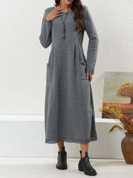 Casual Kleider Frauen Spitze Saum Herbst Winter Große Tasche Pullover Kleid Lange Ärmeln Lose Büro Dame Vestidos 2023