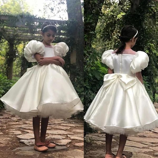 Mädchenkleider Weiß Puffy Ballonärmel Prinzessin Kleid Satin Erstkommunion Kinder Geburtstagskleider Große Schleife Blumenhochzeit für Teenager