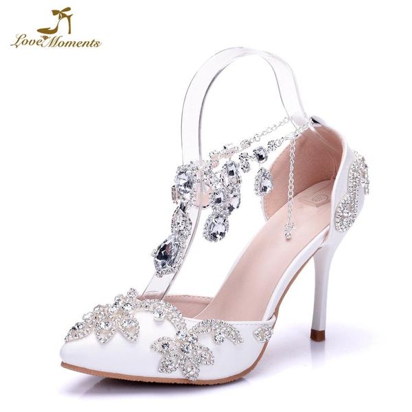 Scarpe eleganti Sandali estivi da donna Décolleté da sposa bianchi da sposa da donna Décolleté con strass di cristallo Punta a punta Tacchi alti Damigella d'onore