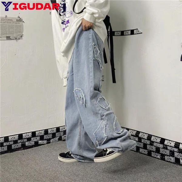 Erkek kot pantolonlar streç denim kargo pantolon sokak kıyafeti geniş bacak joggers yıkanmış yama gündelik düz bavy y2k pantolon