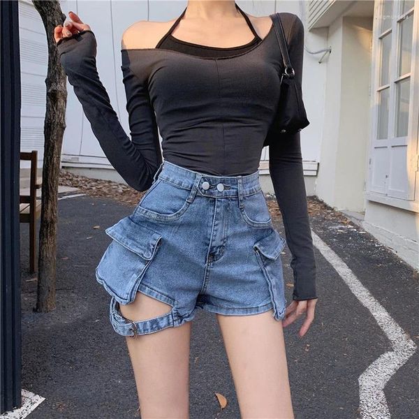 Shorts femininos sexy azul jean mulheres moda coreana cintura alta bolso demin y2k design estilo retro oco out streetwear 2023