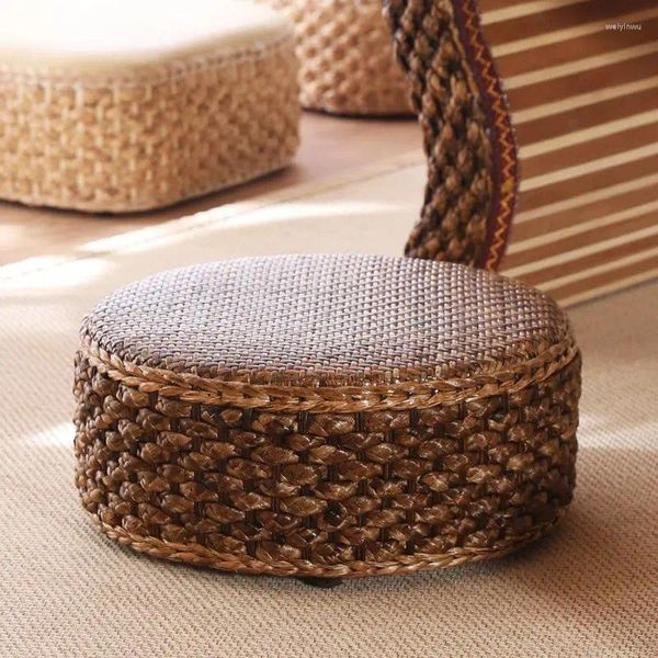 Travesseiro rattan baixo fezes criativo redondo artesanal palha cadeira sofá mesa de café casa sala estar sapato madeira maciça