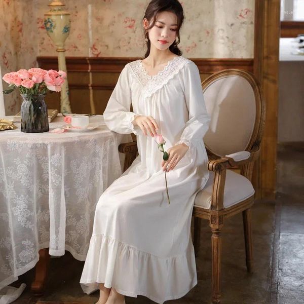 Mulheres sleepwear mulheres vintage manga longa sexy peignoir nighty vitoriano camisola princesa fada branco algodão renda v pescoço vestido de noite