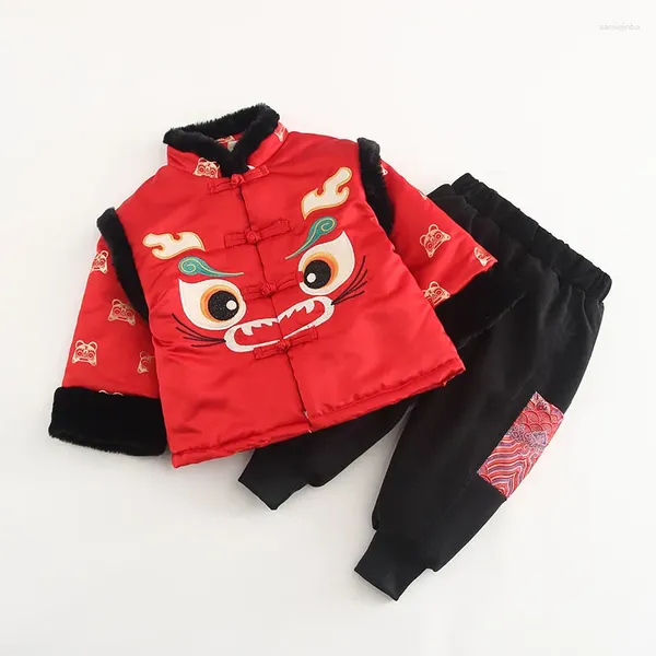 Conjuntos de roupas menino conjunto ano tang terno macio grosso bebê crianças inverno desenhos animados impressão hanfu primeira celebração festiva chinesa
