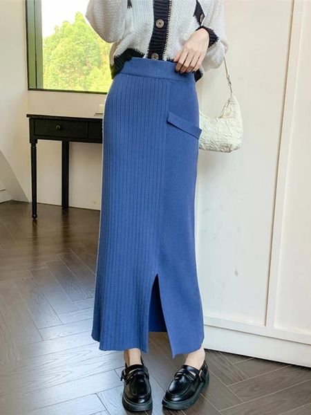 Saias 2023 Slim Malha Longa para Mulheres Outono Inverno Coreano Elegante Side Slit Sólido Cintura Alta Midi Saia Feminino Azul Khaki