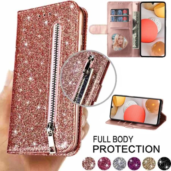 Glitzer Magnet Flip Wallet Ledertasche für Samsung Galaxy A12 A13 A14 A21s A23 A31 A32 A52 A53 A54 A71 A72 PU Leder Cover Kartenhalter Slots Stand Handyhülle