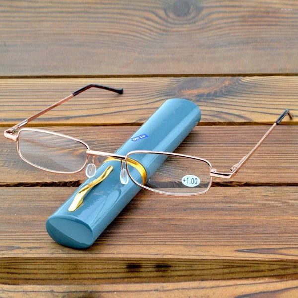 Óculos de sol 2 peças ultra estreito portátil caneta titular estilo full-rim óculos dourados moda óculos de leitura 0,75 a 4