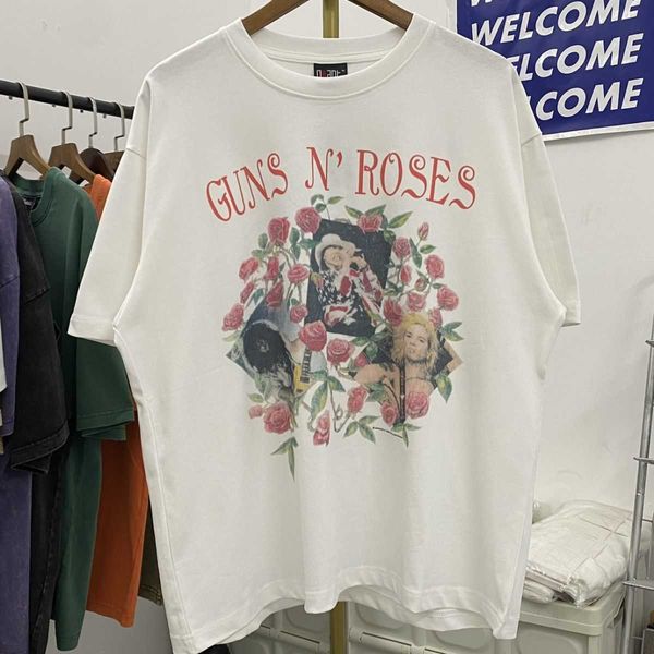 Gunsn Rose Gunshot Band Wash Stampa usata Vtg High Street T-shirt a maniche corte casual allentata retrò