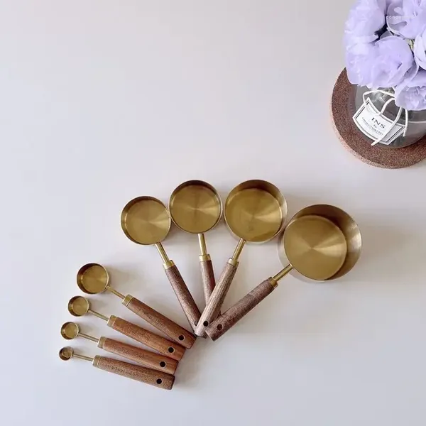 Strumenti di misurazione Set da 8 pezzi Manico in legno di rame Cucchiaini da caffè Tazze Articoli da cucina Accessori da cucina dorati