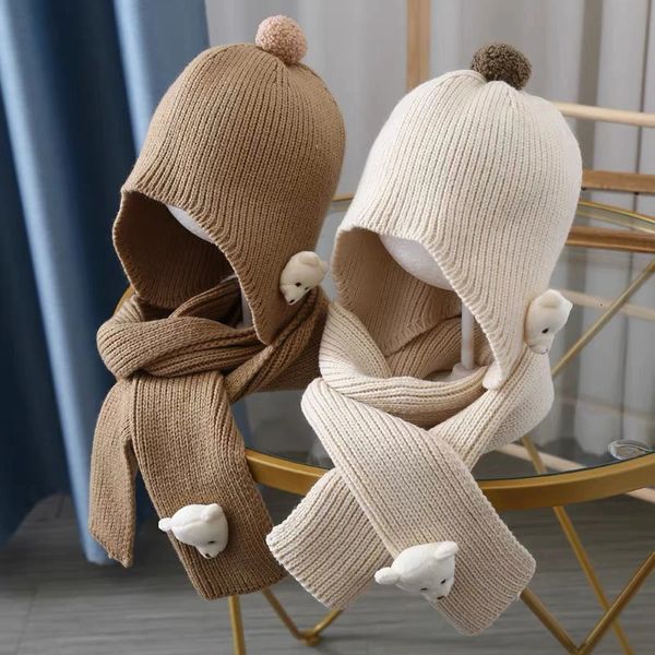 Mützen Hüte Baby Mütze und Schal für Mädchen Winter 3D Niedlicher Bär Beanie Junge Gehörschutz Kleinkind Kinder Bommelmütze Motorhaube Strickmütze Schal 231108