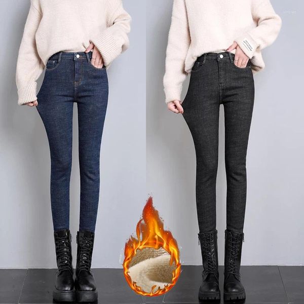 Jeans femininos 2024 mulheres inverno térmico quente estiramento neve senhora conforto engrossar velo denim calças estudantes mãe calças compridas