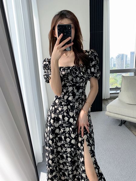 Sıradan Elbiseler Vintage Fransız Seksi Bodycon Siyah Çiçek Kare Kare Ofis Bayanlar Midi Şifon Elbise Partisi Zarif Yaz Giyim 230408