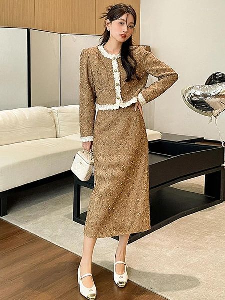 Vestidos de trabalho outono feminino doce francês vintage tweed conjunto de duas peças casaco curto bainha saia fina ternos roupas elegantes senhoras conjuntos de correspondência
