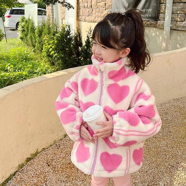 Jaquetas meninas jaqueta cordeiro veludo super grosso mais amor casaco superior inverno exterior roupas infantis rosa roupas