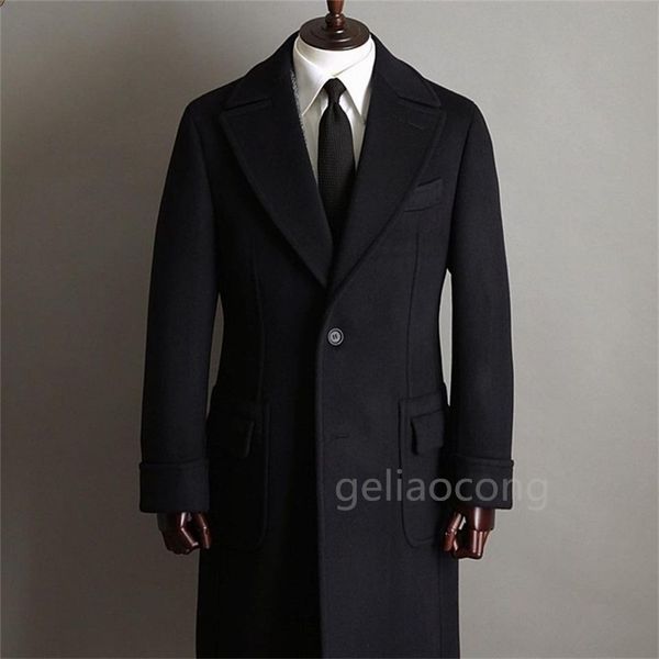 Мужские костюмы Блейзеры Черный темно-синий шерстяной пиджак Длинный твидовый плащ с лацканами Теплый пиджак с двумя пуговицами Деловая верхняя одежда Пальто 231108