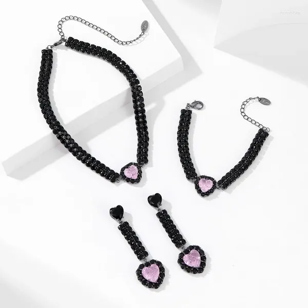 Correntes estilo de moda acessórios zircon doce e fresco menina coração colar pulseira brincos em forma de conjunto de jóias