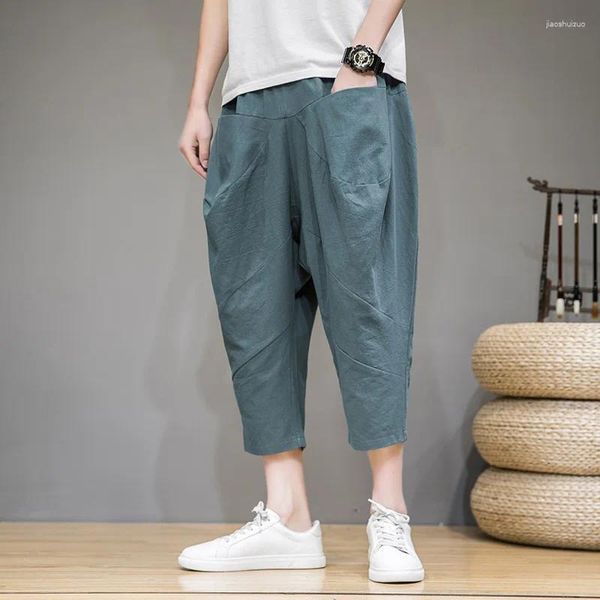 Pantaloni da uomo Baggy Cross Men 2023 Pantaloni in cotone e lino al polpaccio Harem stile coreano Hip Hop Streetwear