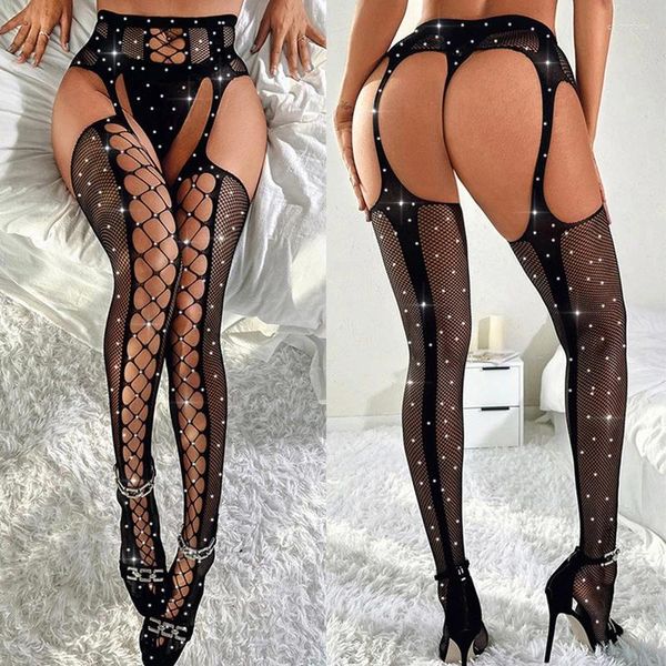 Meias femininas estampando diamantes meia-calça alta arrastão lingerie erótica malha sexy meia-calça preta crotchless com cinto