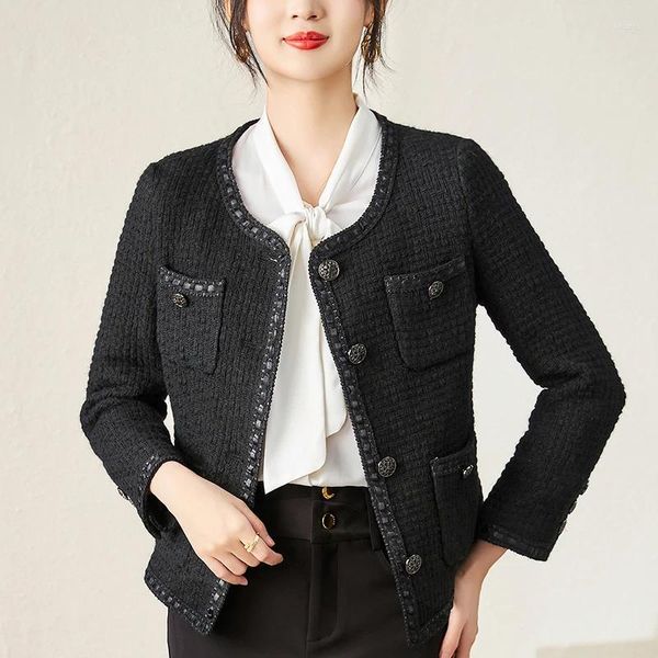 Jaquetas femininas 30% lã tweed para mulheres outono inverno elegante o-pescoço manga longa casaco preto fino escritório senhora terno casacos