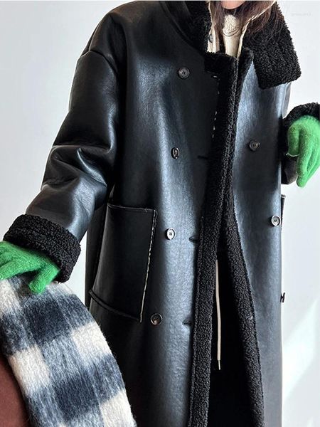 Cappotto caldo da donna in lana d'agnello nero in pelle per donna Cappotto rovesciato in PU da donna Capispalla lungo dritto Cappotto da donna stile motociclista
