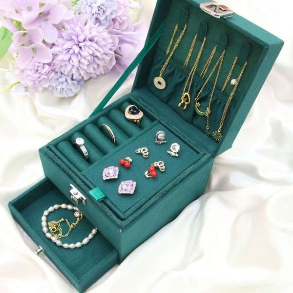 Koreanischer kleiner Ring-Ohrring, dunkelgrün, dreilagig, Mehrzweck-Schmuckschatulle, Halsketten-Aufbewahrung