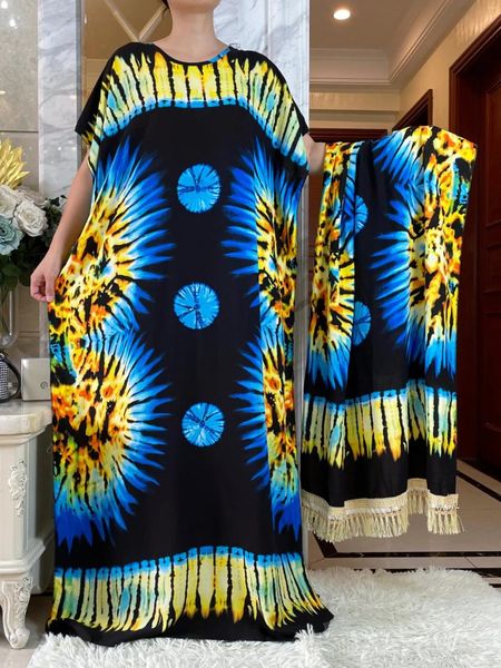 Ethnische Kleidung Sommer Party Dubai Kurzarm Afrikanische Frauen Kleid mit großem Schal Druck Baumwolle Elegante Maxi Casual Lose Abya