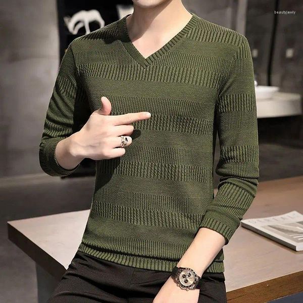 Herrenpullover Kleidung Argyle Green Strickpullover Männlicher V-Ausschnitt Pullover Einfarbiges T-Shirt Koreanische Herbstkleidung Mode 2023 Spaß