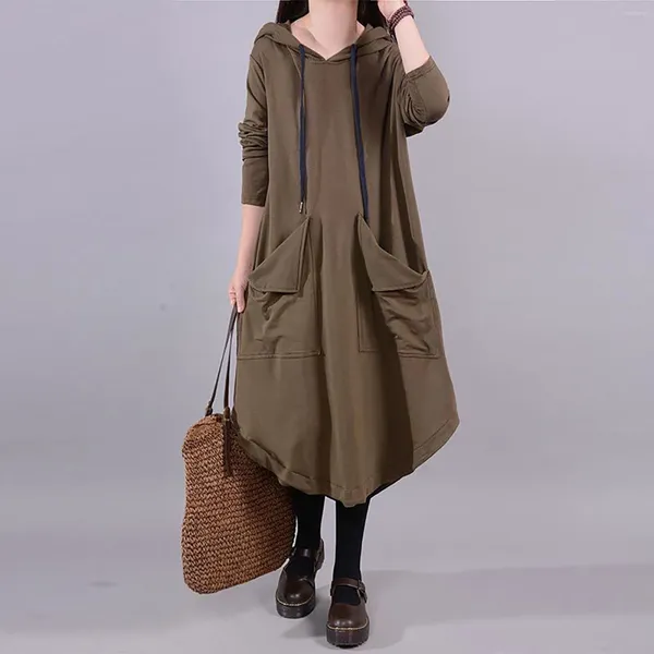 Casual Kleider Herbst Mode Koreanische Einfarbig Mit Kapuze Langarm Midi Kleid Frauen Asymmetrische All-Match Vintage Taschen Hoodie
