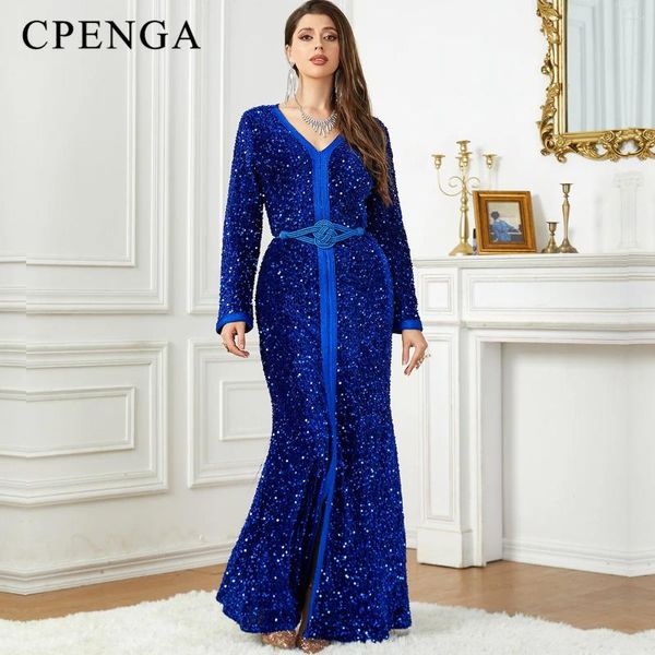 Abbigliamento etnico Lusso Paillettes blu Abito Abaya musulmano per le donne Eid Arabo Femme Party Jalabiya Islam Turchia Abiti Marocchino Kaftan Robe