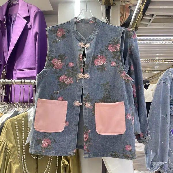 Damenwesten Chinesischen Stil Retro Blumendruck Denim Weste Mantel Für Frauen 2023 Frühling Sommer Jacke Junge Dame Ärmellose Weste