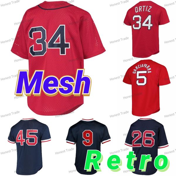 Maglia retrò David Ortiz Garciaparra Mesh Vintage Pedro Martinez Ted Williams Wade Boggs Collezione di maglie da uomo Camicie T-shirt pullover con scollo a V cucita MN