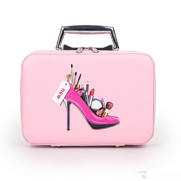 Hochwertige, professionelle Make-up-Tasche mit High Heel-Muster, tragbarer Cartoon-Make-up-Koffer, Leder-Schönheitskoffer, Koffer, Hand-Coametic-Tasche